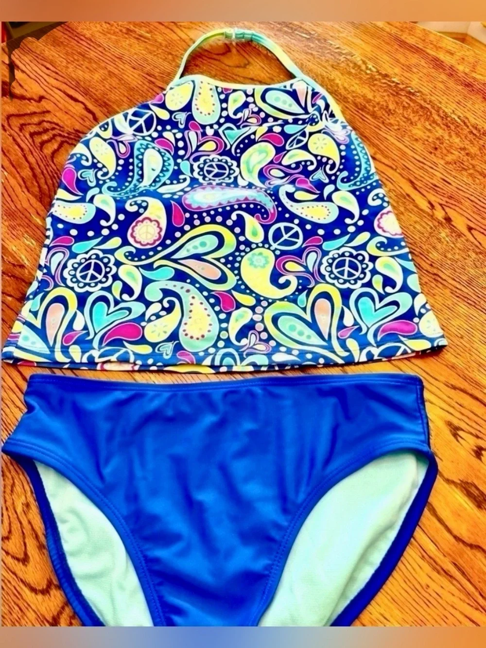 OP Girls Swimsuit Size 10/12 Medium Tankini Blue Paisley Peace Sign 2pc Bathing